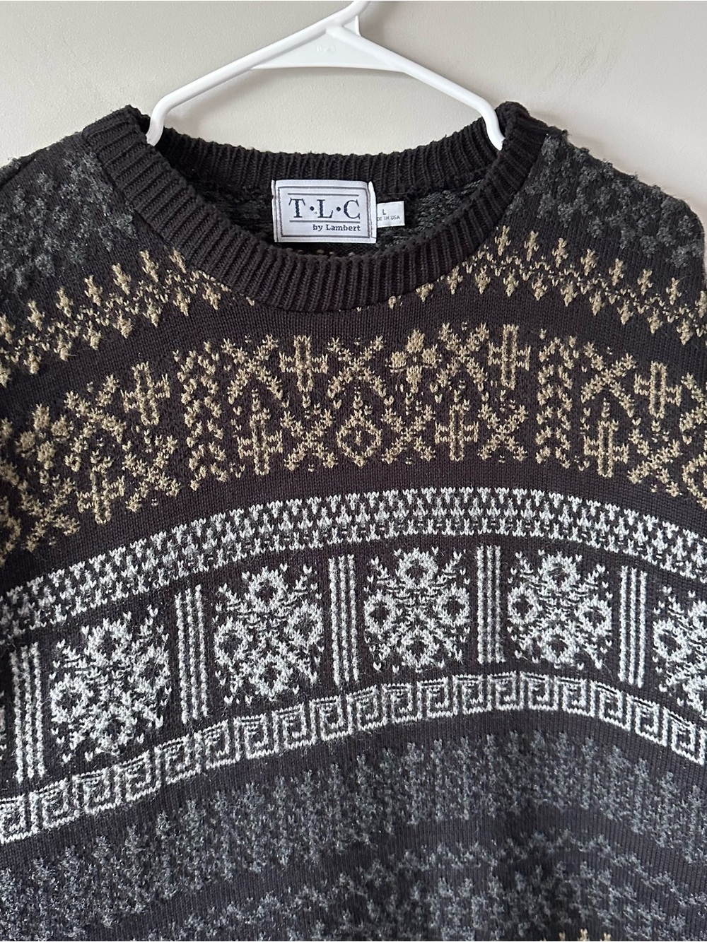 VTG 90s TLC by Lambert Geometric Fair Isle Grandpa Sweater Mens L Black Made USA - Picture 2 of 13